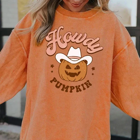 Orange Howdy Pumpkin Halloween Graphic Corded Sweatshirt - Picture 3 of 8